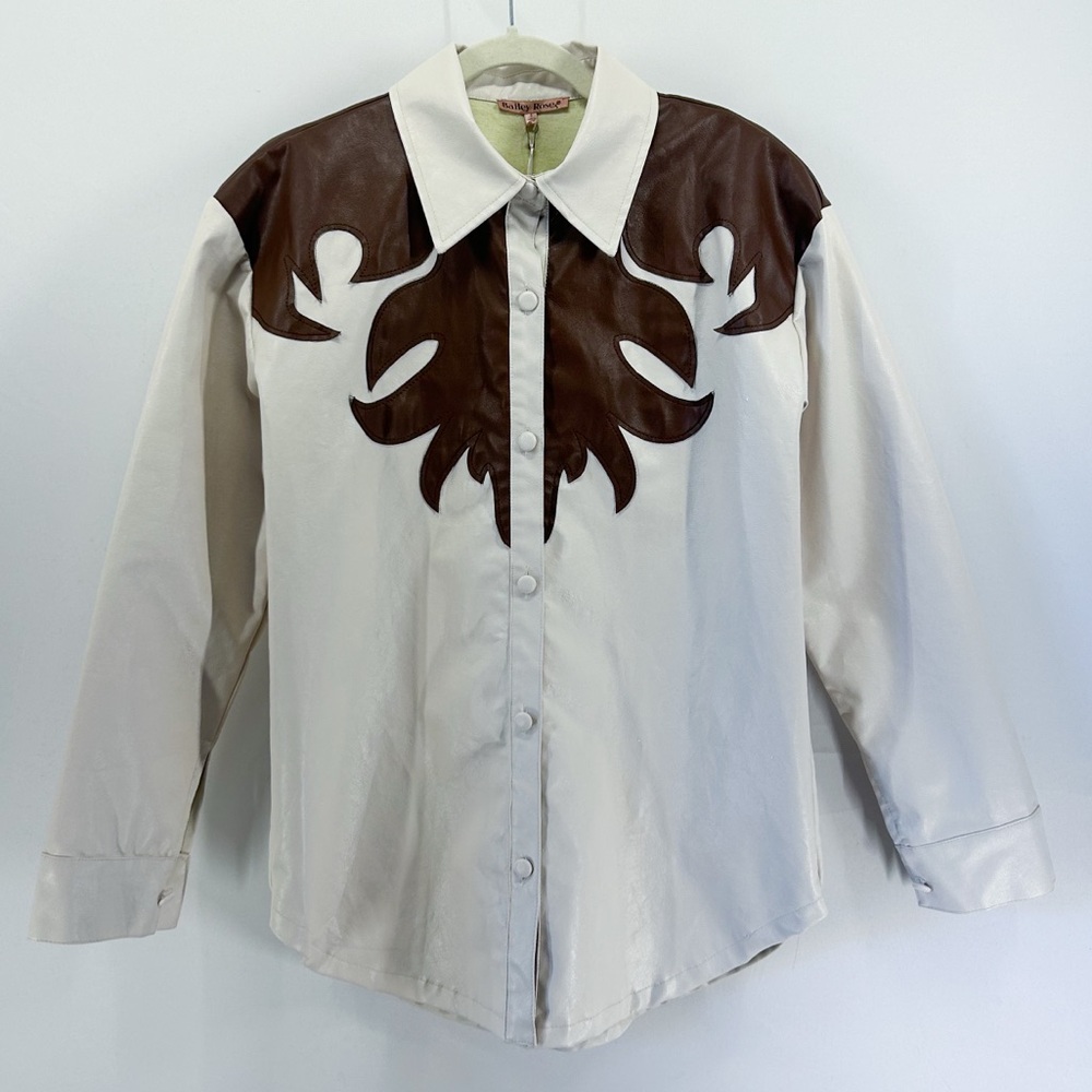 Bailey Rose Western Cowboy Faux Leather Button Front Shirt Cream Brown NWT